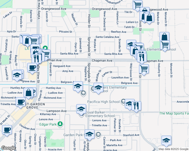 map of restaurants, bars, coffee shops, grocery stores, and more near 6570 Laurelton Avenue in Garden Grove