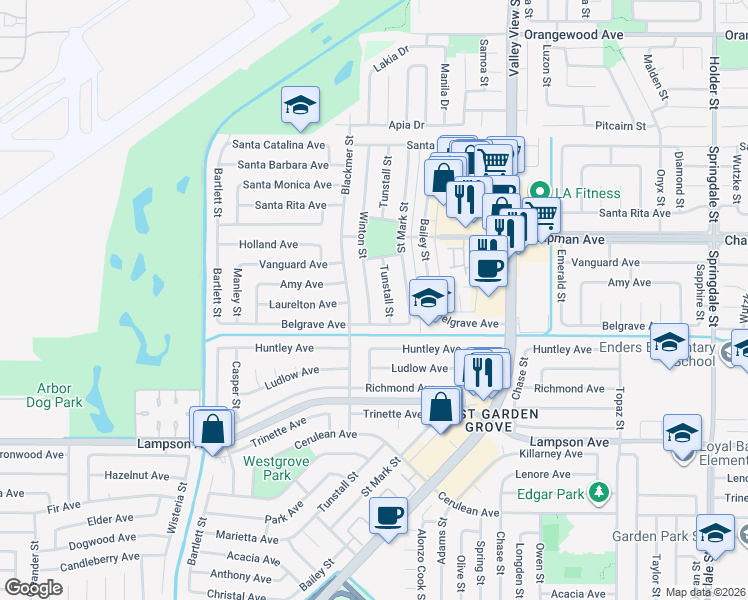 map of restaurants, bars, coffee shops, grocery stores, and more near 12161 Winton Street in Garden Grove