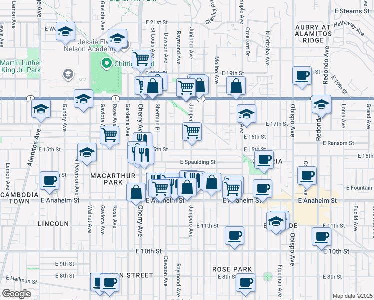 map of restaurants, bars, coffee shops, grocery stores, and more near 2330 East 15th Street in Long Beach