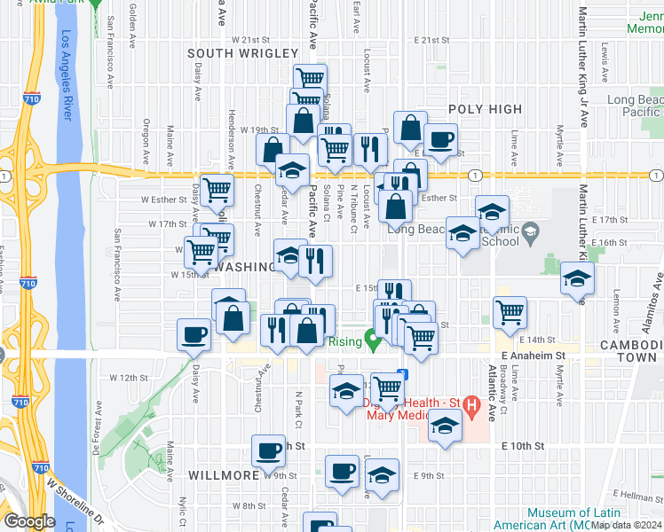 map of restaurants, bars, coffee shops, grocery stores, and more near 1537 Pine Avenue in Long Beach