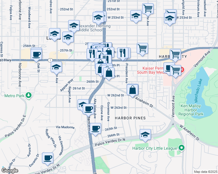 map of restaurants, bars, coffee shops, grocery stores, and more near 1666 West 261st Street in Los Angeles
