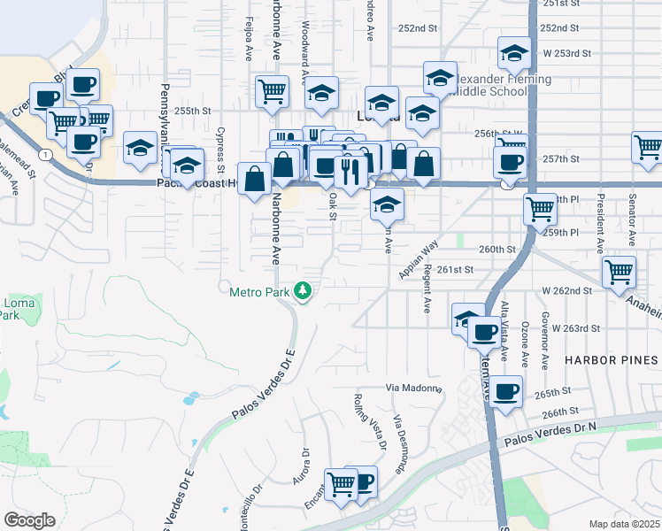 map of restaurants, bars, coffee shops, grocery stores, and more near 2070 261st Street in Lomita