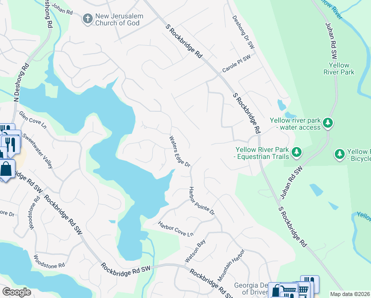 map of restaurants, bars, coffee shops, grocery stores, and more near 7469 Woodruff Way in Stone Mountain