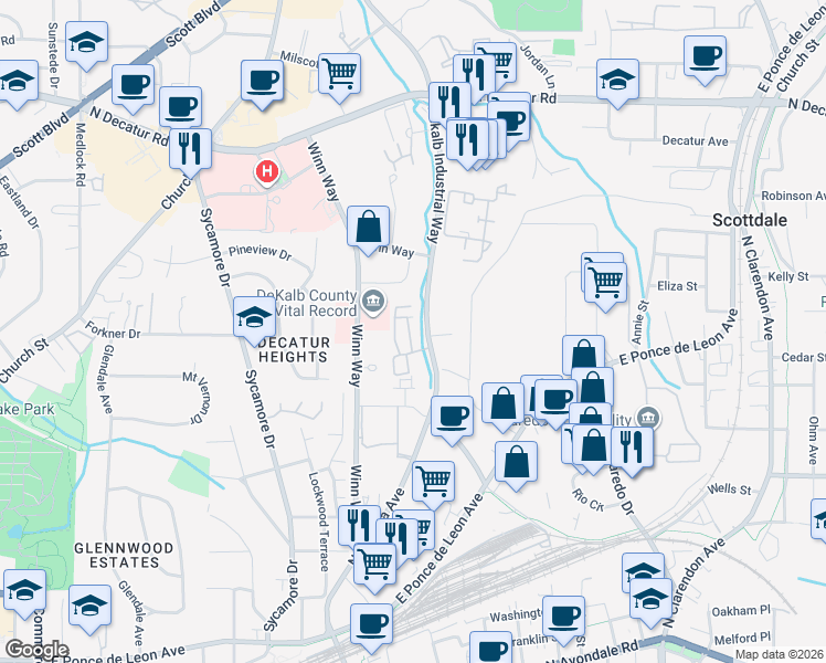 map of restaurants, bars, coffee shops, grocery stores, and more near 628 Rimington Lane in Decatur
