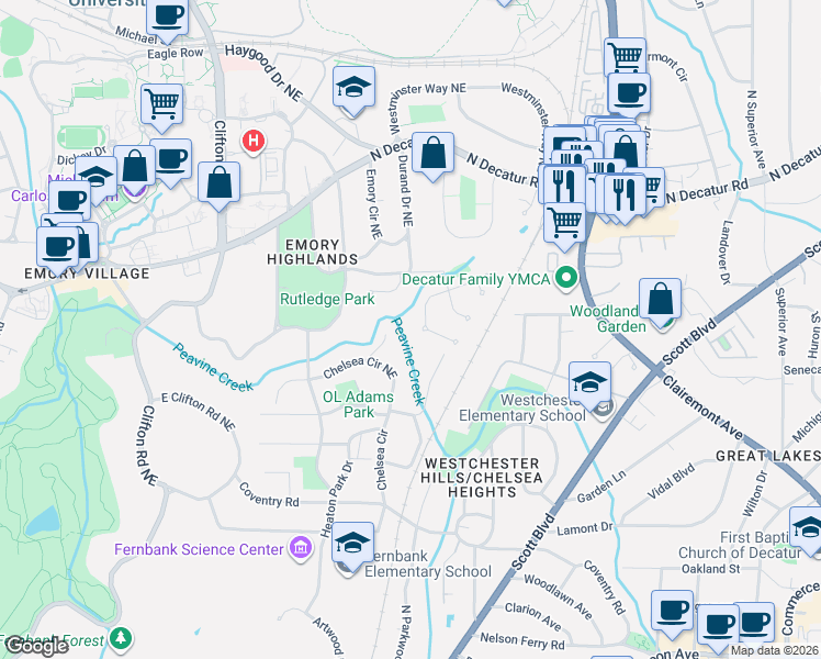 map of restaurants, bars, coffee shops, grocery stores, and more near 1836 Grist Stone Court Northeast in Atlanta
