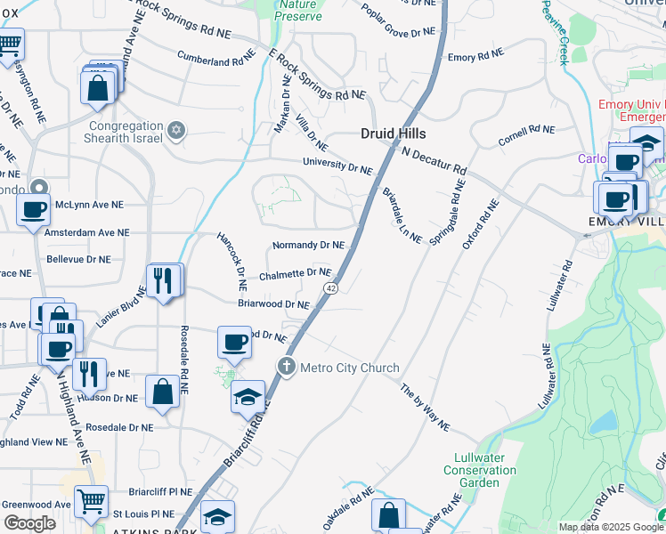 map of restaurants, bars, coffee shops, grocery stores, and more near 1151 Briarcliff Road Northeast in Atlanta