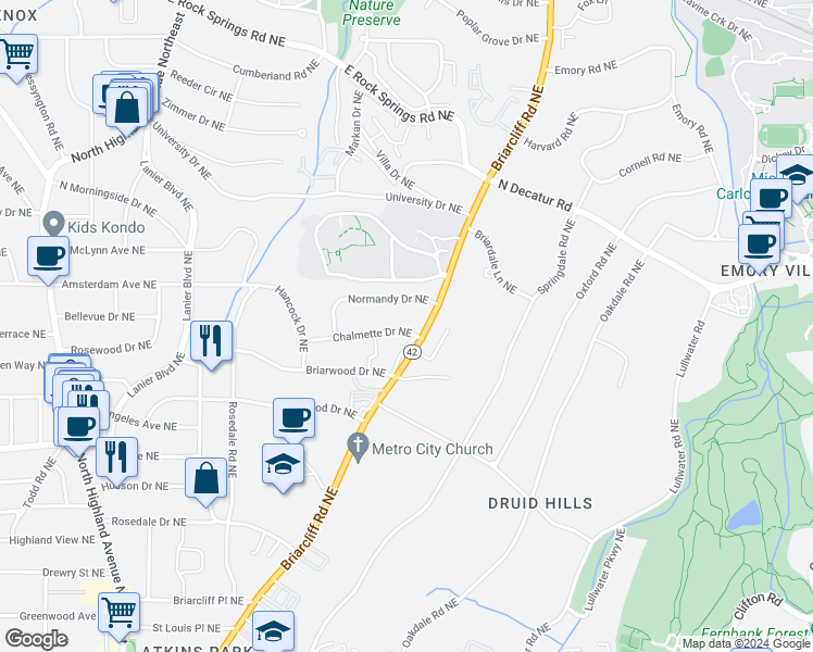 map of restaurants, bars, coffee shops, grocery stores, and more near 1371 Chalmette Drive Northeast in Atlanta