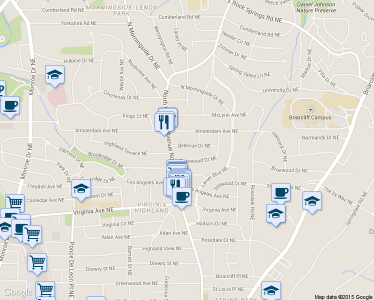 map of restaurants, bars, coffee shops, grocery stores, and more near 1008 Rosewood Drive Northeast in Atlanta