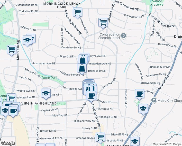map of restaurants, bars, coffee shops, grocery stores, and more near 1008 Rosewood Drive Northeast in Atlanta