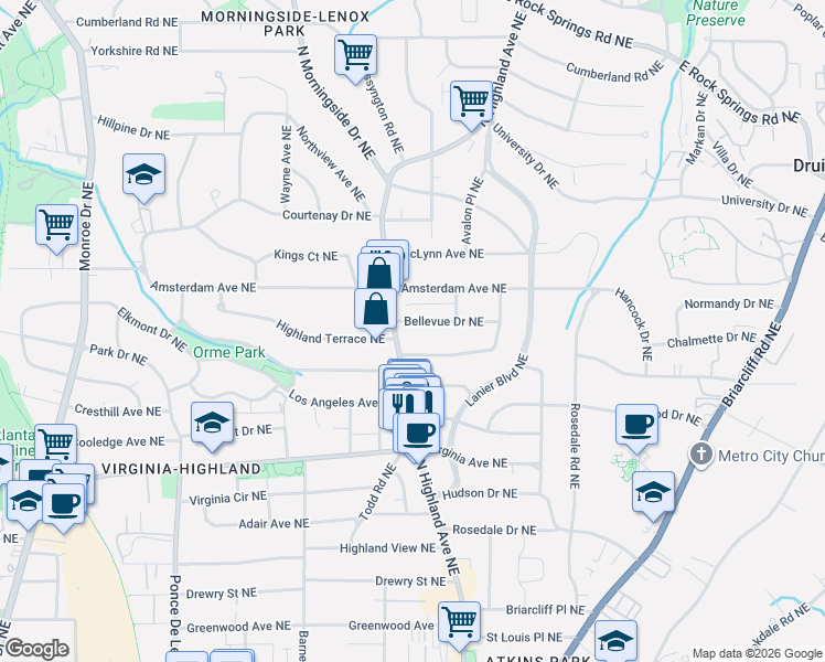 map of restaurants, bars, coffee shops, grocery stores, and more near 1008 Rosewood Drive Northeast in Atlanta