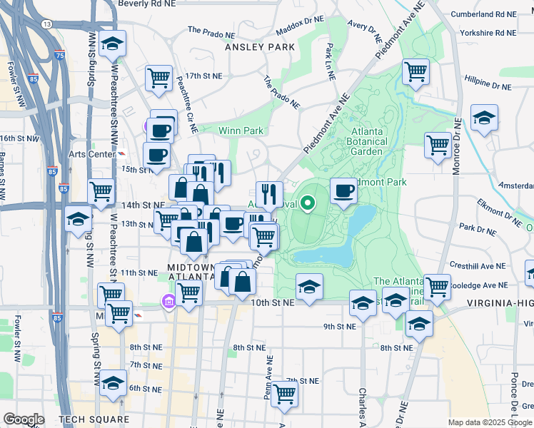 map of restaurants, bars, coffee shops, grocery stores, and more near 1181 Piedmont Avenue Northeast in Atlanta