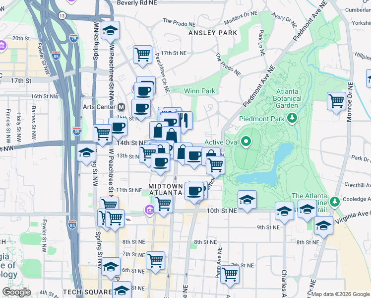 map of restaurants, bars, coffee shops, grocery stores, and more near 199 14th Street Northeast in Atlanta