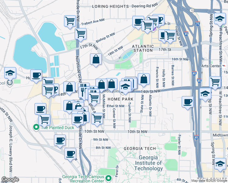 map of restaurants, bars, coffee shops, grocery stores, and more near 500 14th Street Northwest in Atlanta