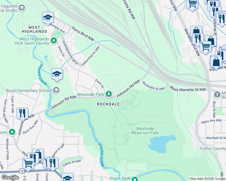 map of restaurants, bars, coffee shops, grocery stores, and more near 1600-1660 Johnson Road Northwest in Atlanta