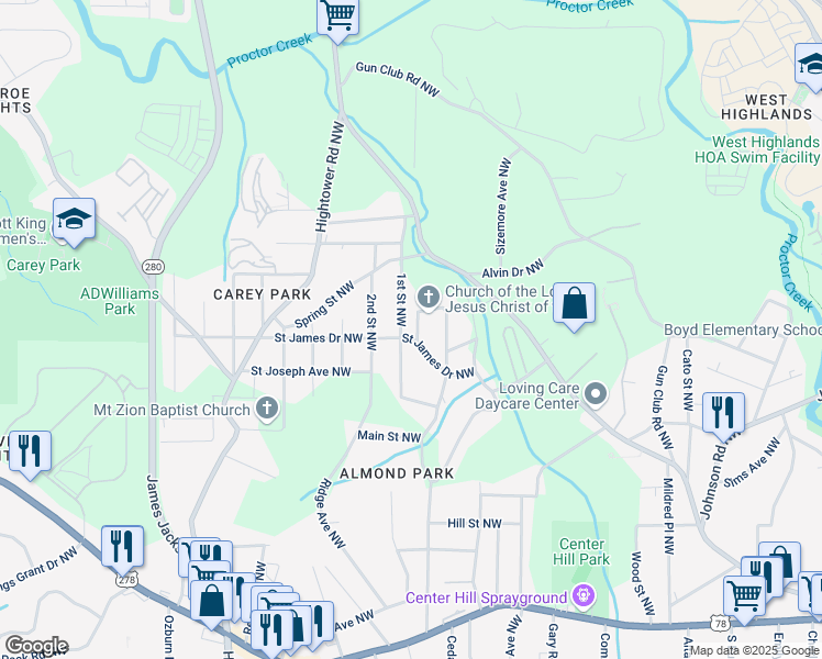 map of restaurants, bars, coffee shops, grocery stores, and more near 2395 Saint James Drive Northwest in Atlanta