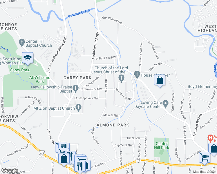 map of restaurants, bars, coffee shops, grocery stores, and more near 1141 2nd Street Northwest in Atlanta