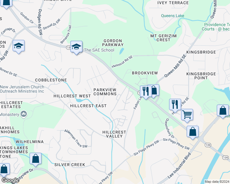 map of restaurants, bars, coffee shops, grocery stores, and more near 6720 Gallant Court Southeast in Mableton