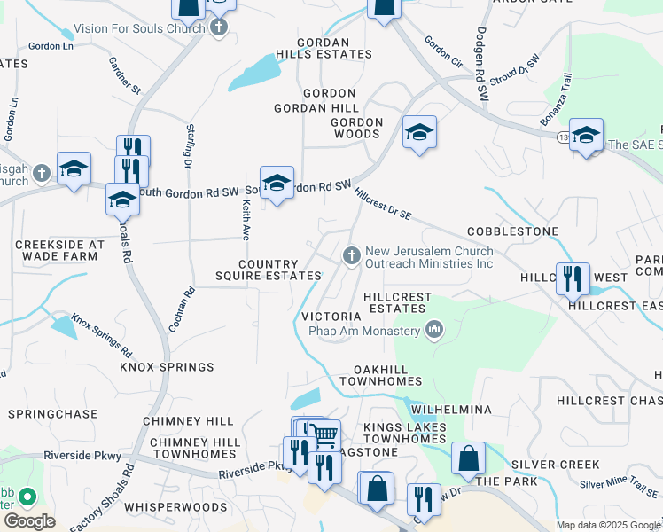 map of restaurants, bars, coffee shops, grocery stores, and more near 7002 Shenandoah Trail in Austell