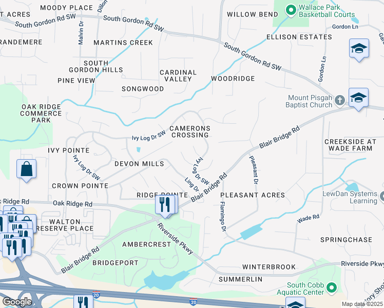 map of restaurants, bars, coffee shops, grocery stores, and more near 1143 Cedar Log Place in Austell