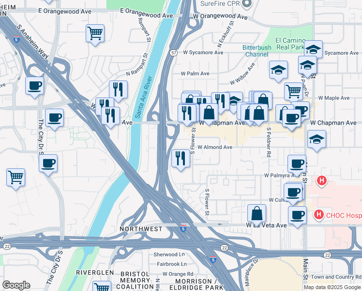 map of restaurants, bars, coffee shops, grocery stores, and more near 2345 West Almond Avenue in Orange