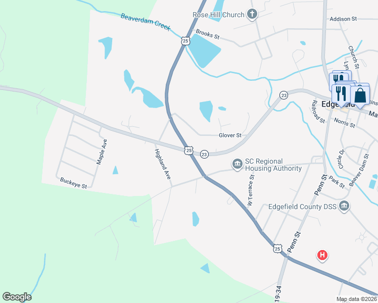 map of restaurants, bars, coffee shops, grocery stores, and more near 701 Bauskett Street in Edgefield