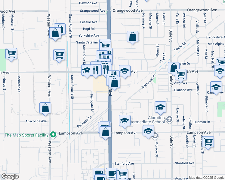map of restaurants, bars, coffee shops, grocery stores, and more near 12120 State Route 39 in Stanton