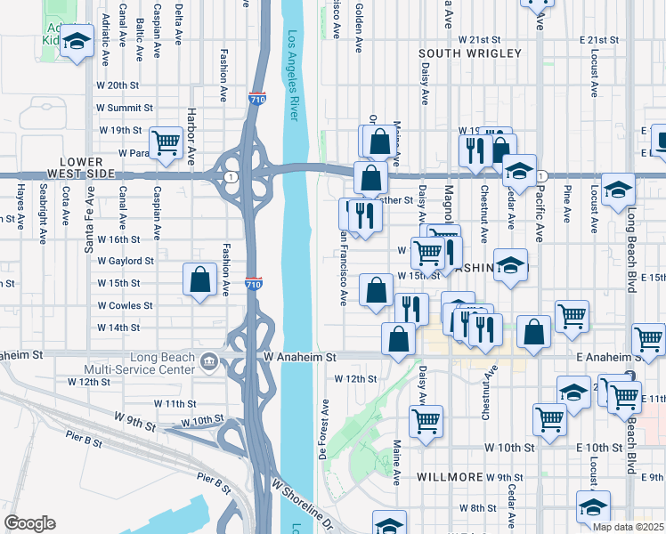 map of restaurants, bars, coffee shops, grocery stores, and more near 809 West 15th Street in Long Beach