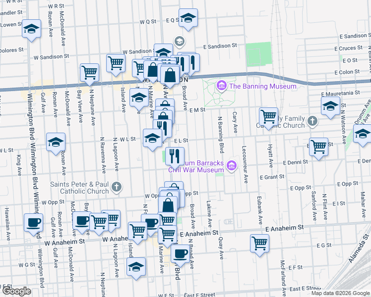 map of restaurants, bars, coffee shops, grocery stores, and more near 1147 Broad Avenue in Los Angeles