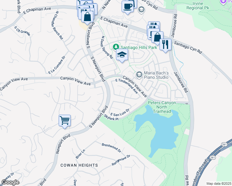 map of restaurants, bars, coffee shops, grocery stores, and more near 199 South Amberwood Street in Orange