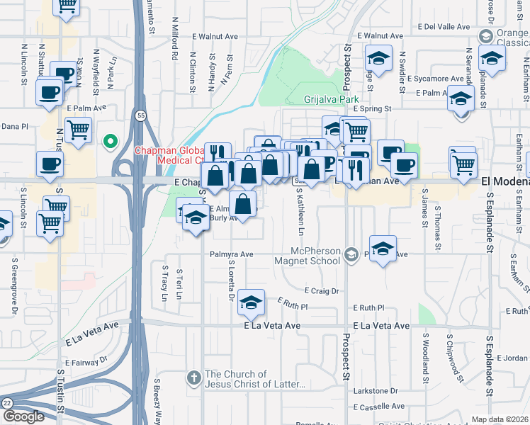 map of restaurants, bars, coffee shops, grocery stores, and more near 2811 Burly Avenue in Orange