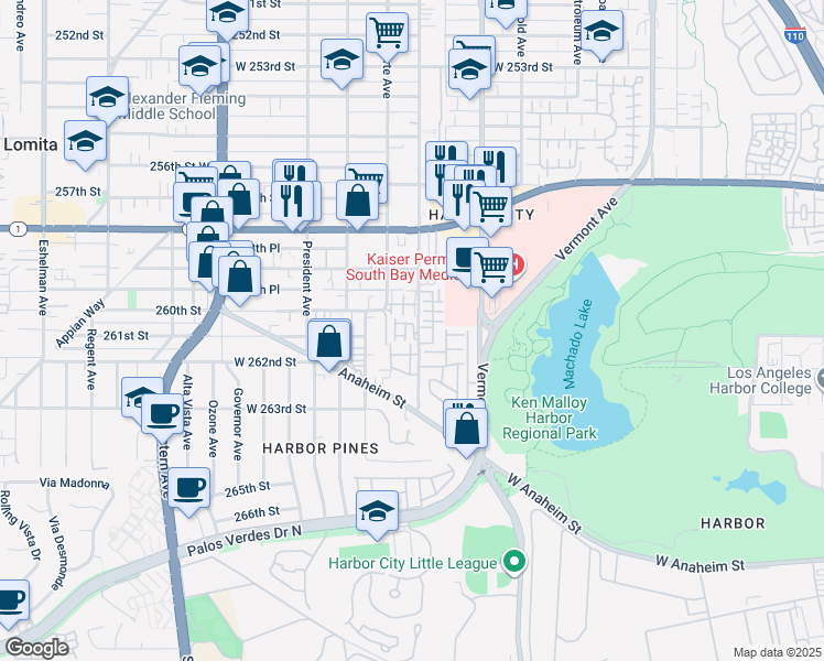 map of restaurants, bars, coffee shops, grocery stores, and more near 26045 Frampton Avenue in Los Angeles