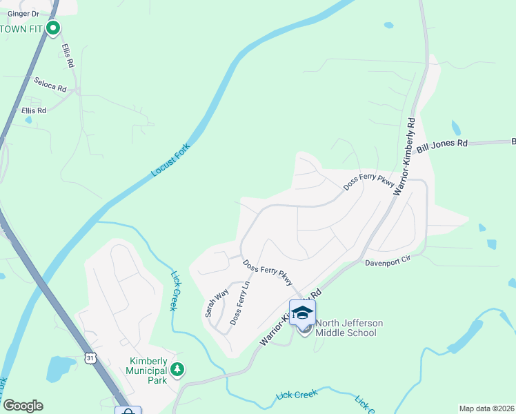 map of restaurants, bars, coffee shops, grocery stores, and more near 524 Doss Ferry Parkway in Kimberly