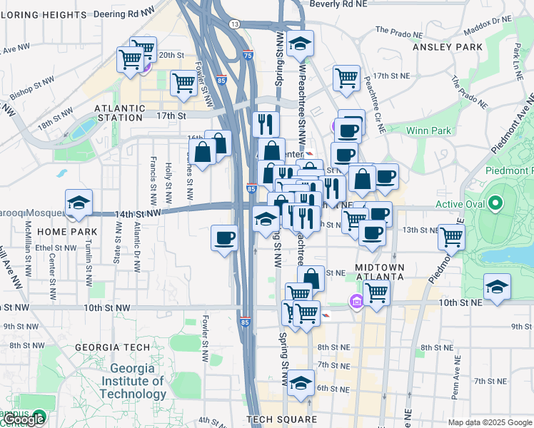 map of restaurants, bars, coffee shops, grocery stores, and more near 1150 Spring Street Northwest in Atlanta
