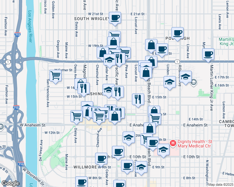 map of restaurants, bars, coffee shops, grocery stores, and more near 1538 Pacific Avenue in Long Beach