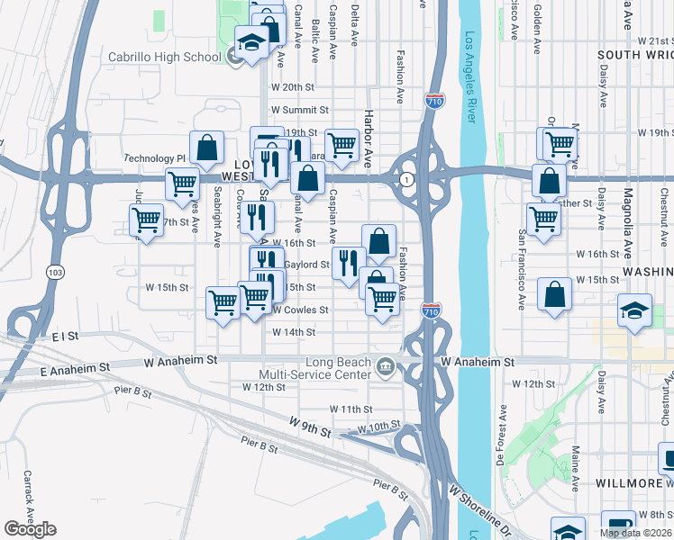 map of restaurants, bars, coffee shops, grocery stores, and more near 1520 Caspian Avenue in Long Beach