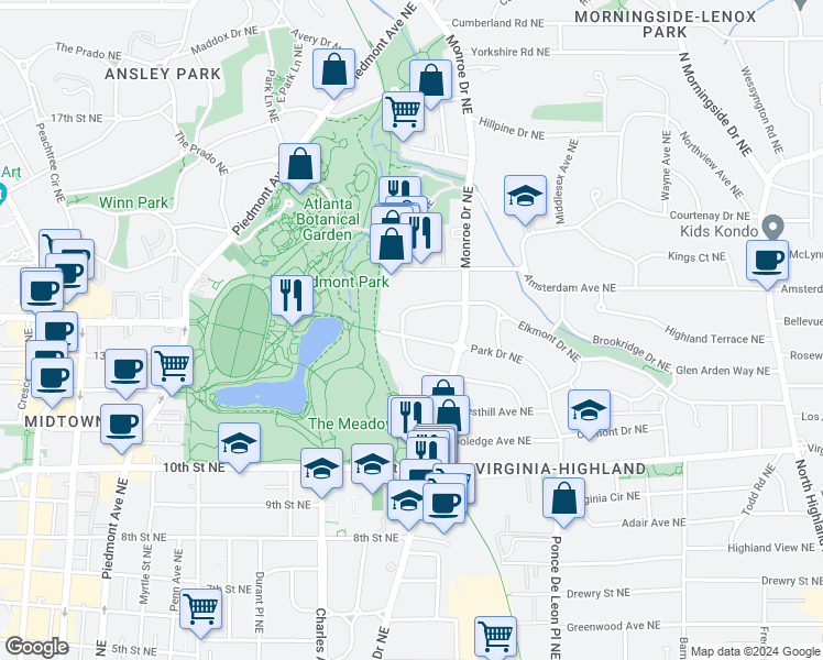 map of restaurants, bars, coffee shops, grocery stores, and more near 542 Park Drive Northeast in Atlanta