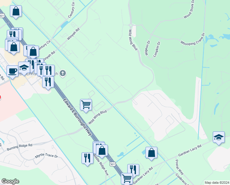 map of restaurants, bars, coffee shops, grocery stores, and more near 1176 Fairway Lane in Conway