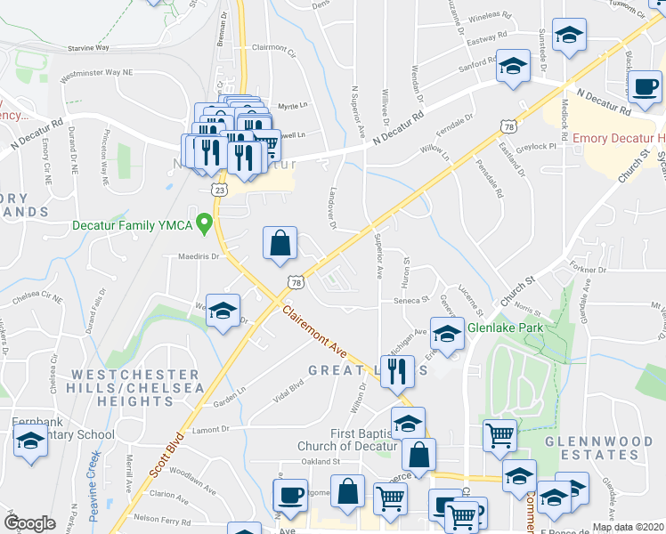 map of restaurants, bars, coffee shops, grocery stores, and more near 11 High Gate Trail in Decatur