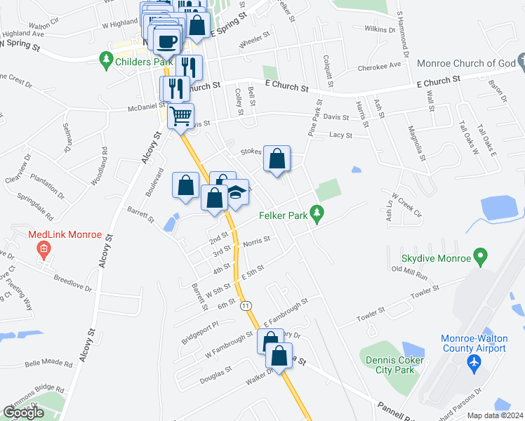 map of restaurants, bars, coffee shops, grocery stores, and more near 123 Mill Street in Monroe