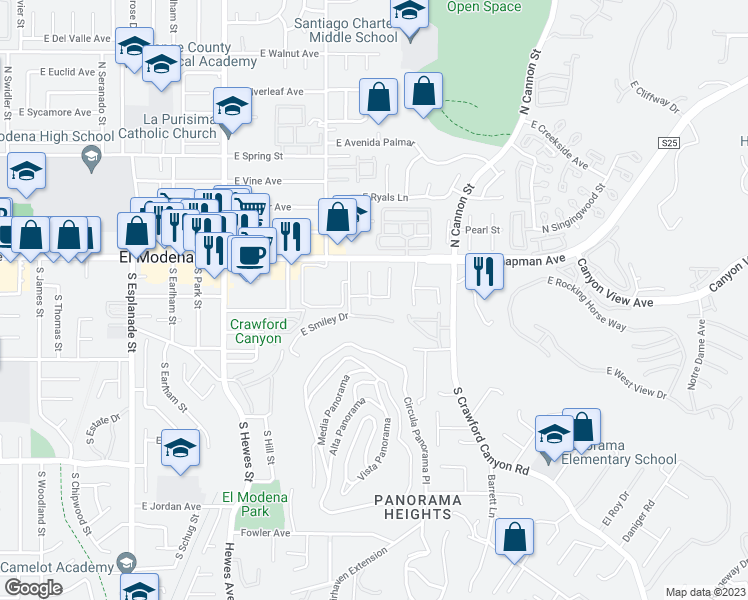 map of restaurants, bars, coffee shops, grocery stores, and more near 5048 East Almond Avenue in Orange
