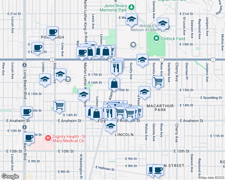 map of restaurants, bars, coffee shops, grocery stores, and more near Alamitos Ave & E 15th St in Long Beach