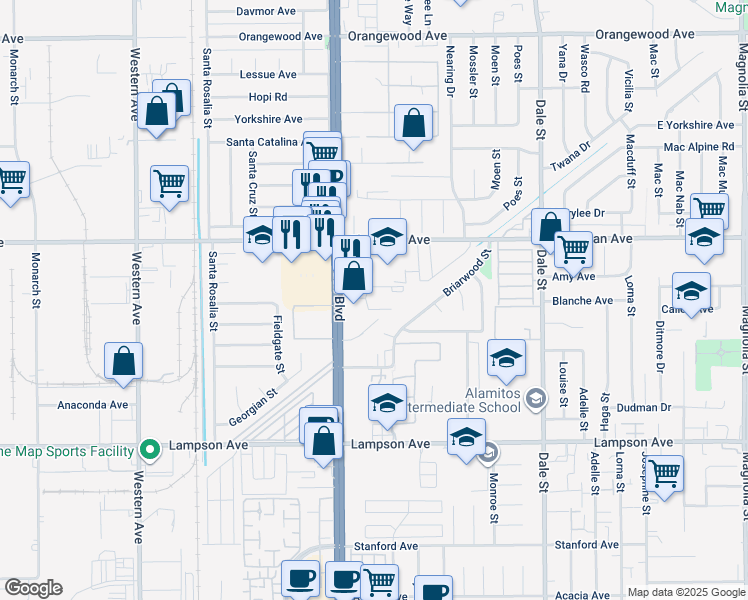 map of restaurants, bars, coffee shops, grocery stores, and more near 692 Park Plaza in Stanton