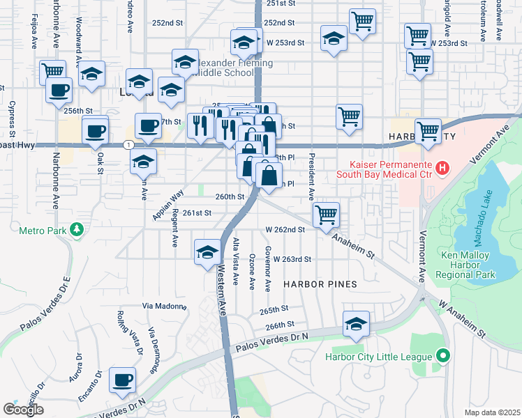 map of restaurants, bars, coffee shops, grocery stores, and more near 1691 West 261st Street in Los Angeles