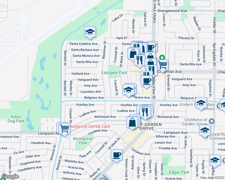 map of restaurants, bars, coffee shops, grocery stores, and more near 12161 Winton Street in Garden Grove