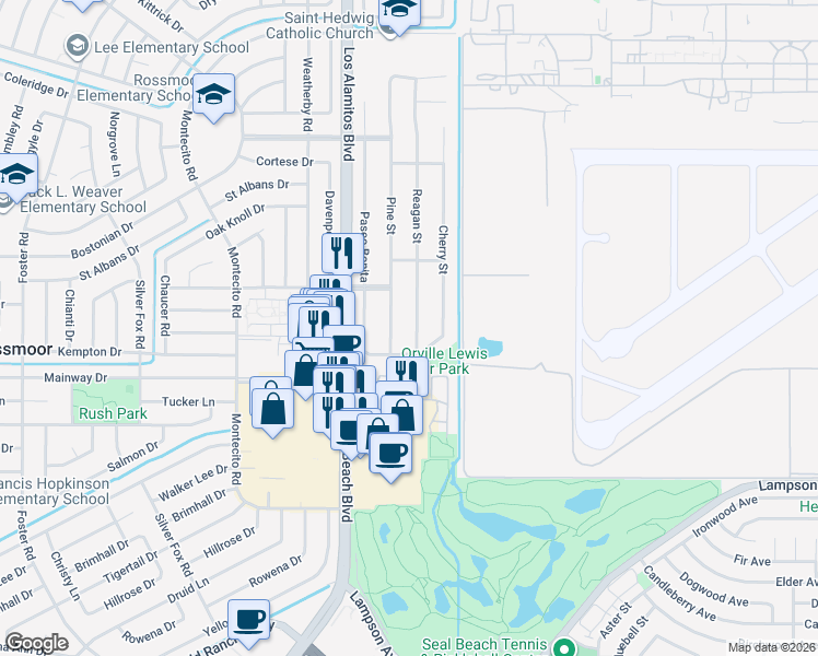 map of restaurants, bars, coffee shops, grocery stores, and more near 12151 Reagan Street in Los Alamitos