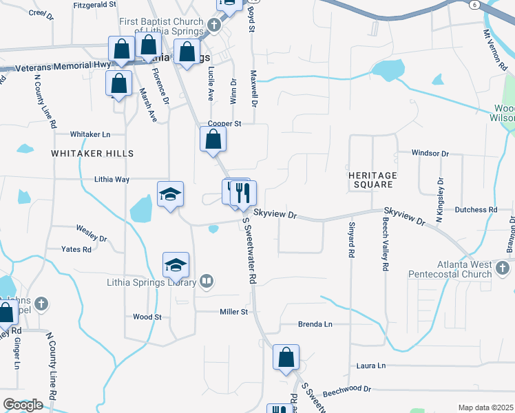 map of restaurants, bars, coffee shops, grocery stores, and more near 3465A Skyview Drive in Lithia Springs