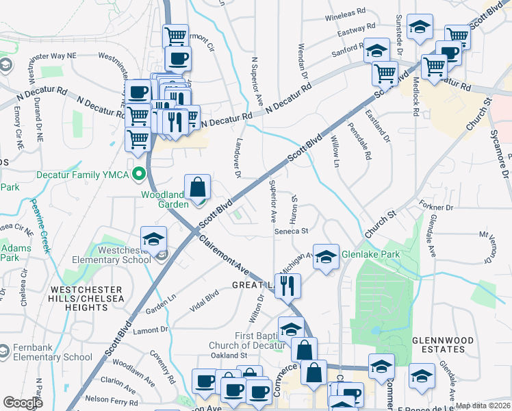 map of restaurants, bars, coffee shops, grocery stores, and more near 1031 Scott Boulevard in Decatur