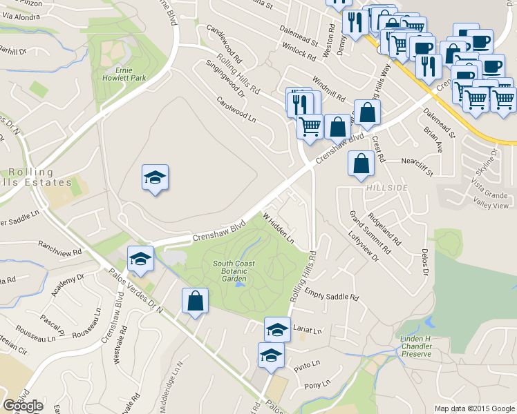 map of restaurants, bars, coffee shops, grocery stores, and more near 26405 Crenshaw Blvd in Rolling Hills Estates