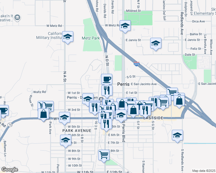 map of restaurants, bars, coffee shops, grocery stores, and more near 2 South D Street in Perris