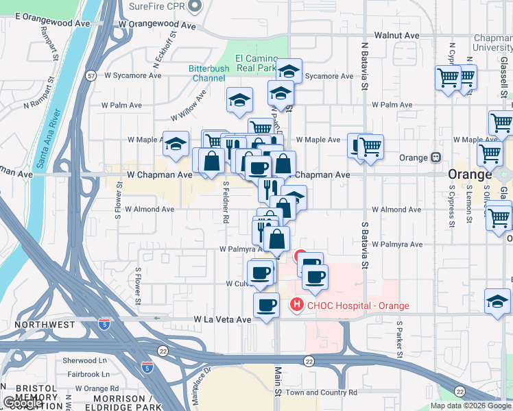 map of restaurants, bars, coffee shops, grocery stores, and more near 1455 West Almond Avenue in Orange